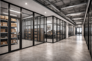 Ein moderner Innenraum mit modularen Metall-Gittertrennwänden, die Lichtdurchlässigkeit und klare Raumstruktur zwischen Lager- und Technikbereichen bieten.