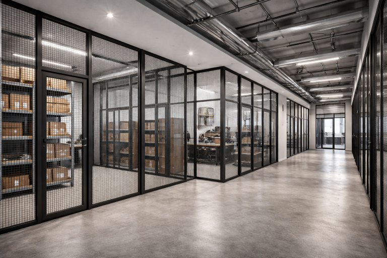 Ein moderner Innenraum mit modularen Metall-Gittertrennwänden, die Lichtdurchlässigkeit und klare Raumstruktur zwischen Lager- und Technikbereichen bieten.