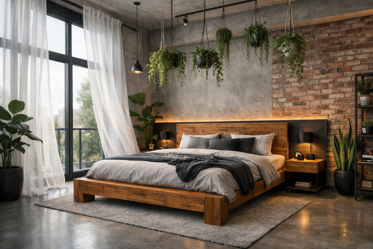 Modernes Industrial-Schlafzimmer mit Massivholzbett, großen Fenstern, weißen Gardinen und hängenden Zimmerpflanzen. Helles Ambiente mit indirekter Beleuchtung und minimalistischer Einrichtung aus Holz, Beton und Metall.