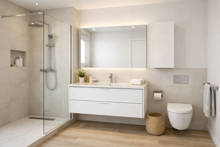 Modernes, helles Badezimmer mit langlebigen Materialien, pflegeleichten Oberflächen und funktionalen Armaturen.