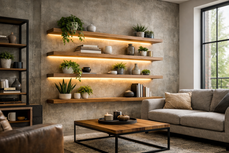 Modernes, industrial-inspiriertes Wohnzimmer mit einem indirekt beleuchteten Wandregal aus Holz, dekoriert mit grünen Pflanzen, Metallakzenten und Designer-Möbeln, das warme LED-Licht erzeugt eine gemütliche und zugleich urbane Atmosphäre.