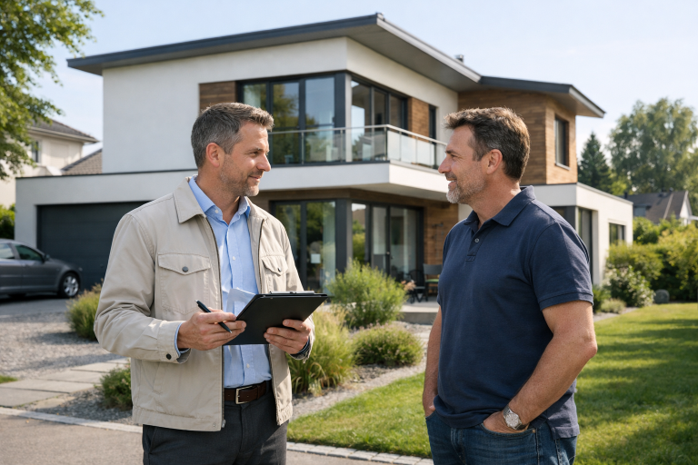 Ein Immobiliengutachter bespricht mit einem Hausbesitzer vor einem modernen Einfamilienhaus die Ergebnisse eines Wertgutachtens.
