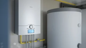 Ein Kellerraum mit einem modernisierten Umwälzpumpe.