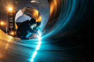 Ein Metallbauer sitzt in einem Stahlrohr und schweißt die Nähte der einzelnen Röhren aneinander.