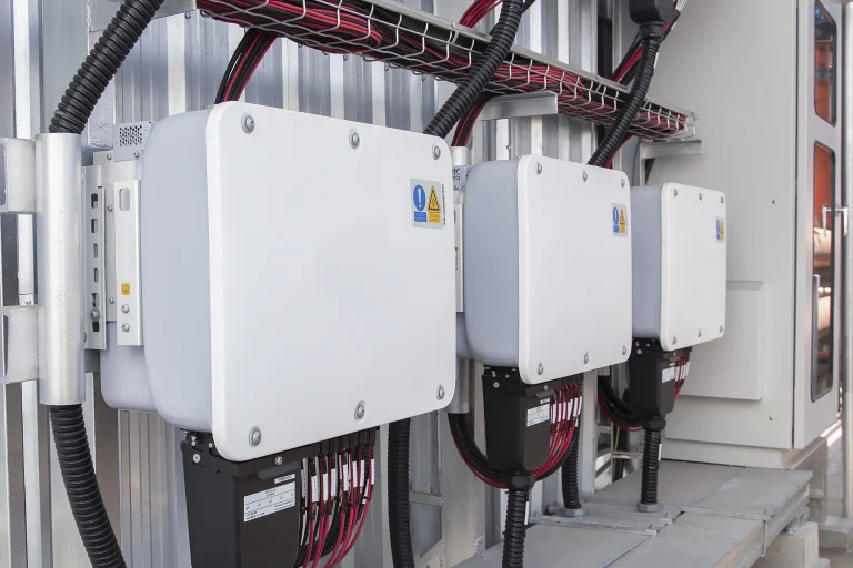 Drei weiße Wechselrichter angebunden an eine Solaranlage.