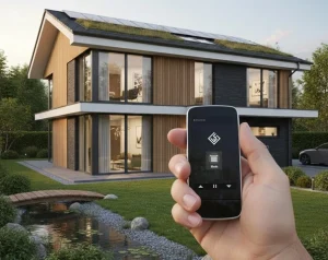 Eine Person hält eine Smart-Home-Steuerung in der Hand. Im Hintergrund ist ein Haus zu sehen.