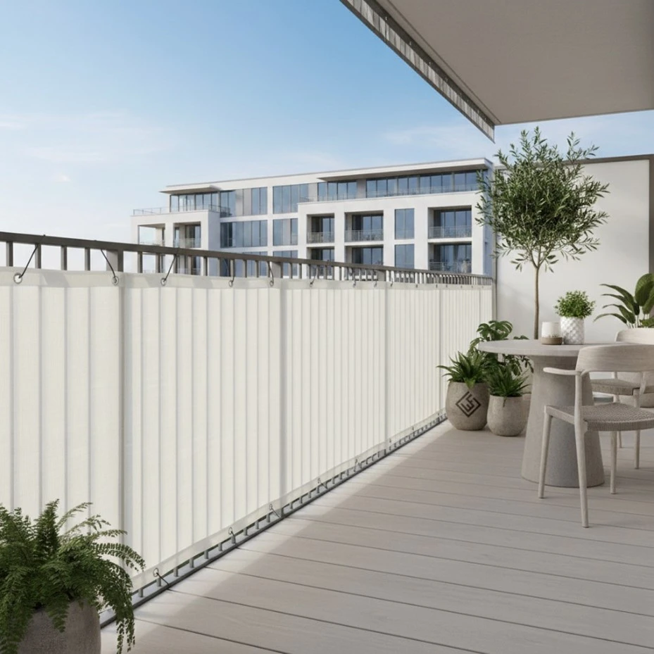 Eine helle Balkonverkleidung an einem Balkongeländer aus Metall.