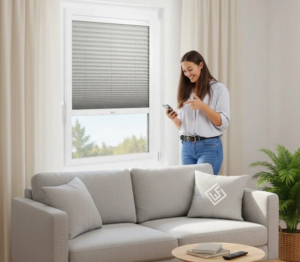 Eine Frau steht in ihrem Wohnzimmer und steuert ihre Plissees am Fenster über ihr Handy.