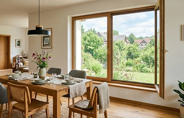 Ein Holzfenster in einem Esszimmer, mit einem Maßangefertigtem Fliegengitter.