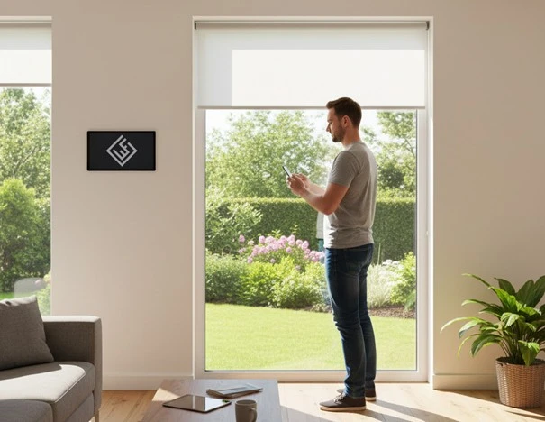 Ein Mann steht im Wohnzimmer vor einem bodentiefen Fenster, mit einem Handy in der Hand.