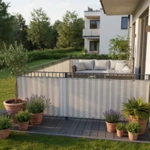 Eine Terrasse mit Geländer, an dem ein hell gestreifter Sichtschutz befestigt.ist