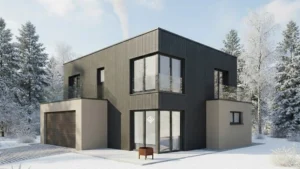 Ein modernes anthrazitfarbenes Haus mit Flachdach auf einem verschneiten Grundstück.