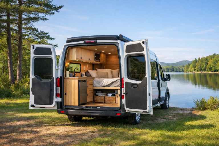 Ein als Camper ausgebauter Transporter steht an einem See. Die Hecktüren sind weit geöffnet und man kann ins ausgebaute Innere des Transporters schauen.