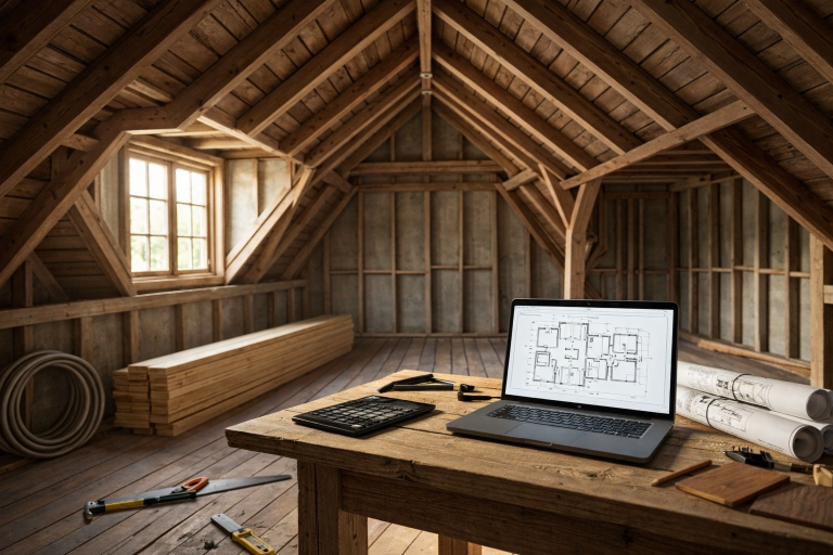 Dachboden im Ausbau. Im Vordergrund steht ein Tisch, auf dem ein Laptop mit Grundriss steht und zusammengerollten Plänen liegen.
