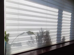 Ein weißes Plissee wurde zum Schutz vor Sonneneinstrahlung vor einem Fenster hoch gezogen.