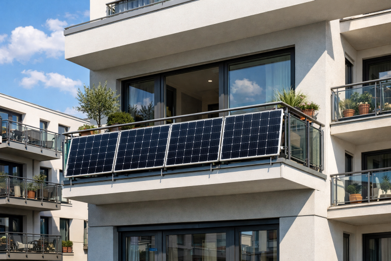 Ein moderner Stadtbalkon mit Balkonkraftwerk, aufgenommen bei Tageslicht mit sichtbaren Pflanzen auf dem Balkon.