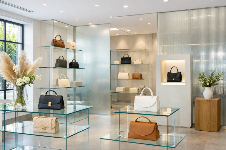 Helles Designer-Handtaschen-Geschäft mit Glasregalen, Milchglas-Trennwänden, Riffelglas-Flächen, Pflanzen und stilvoll präsentierten Produkten.