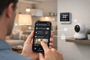 Person nutzt eine Home-Assistant-App auf dem Smartphone, um Lampen, Thermostat und Sicherheitskameras in einem modernen Smart Home sicher zu steuern.