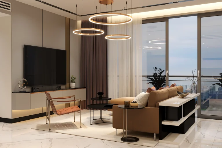 Ein modernes Wohnzimmer, beleuchtet durch ringförmige LED Deckenleuchten.