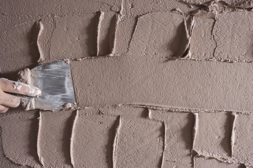 Nahaufnahme einer Hand, die mit einem Metallspachtel braunen Lehmputz in horizontalen Bahnen auf eine Wand aufträgt und eine strukturierte Oberfläche erzeugt.