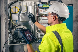 Elektriker arbeitet an einem Sicherungskasten. In der einen Hand hält er ein Messgerät mit Touchscreen.