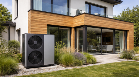 Ein modernes Haus, dessen Anbau mit Holz verkleidet ist. Davor steht eine Wärmepumpe.
