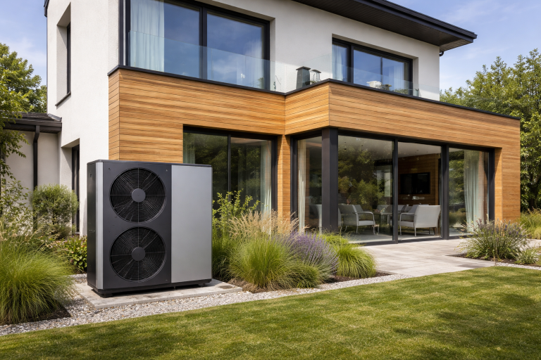 Ein modernes Haus, dessen Anbau mit Holz verkleidet ist. Davor steht eine Wärmepumpe.