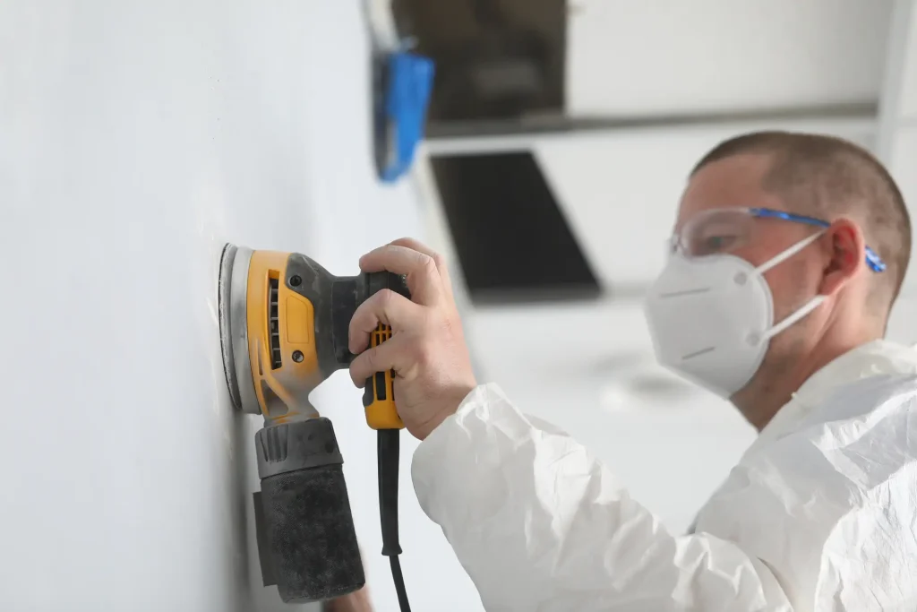Ein Handwerker in weißem Schutzanzug und Atemschutzmaske nutzt einen gelben Exzenterschleifer, um alte Farbreste gründlich von einer weißen Wand abzuschleifen und den Untergrund zu ebnen.