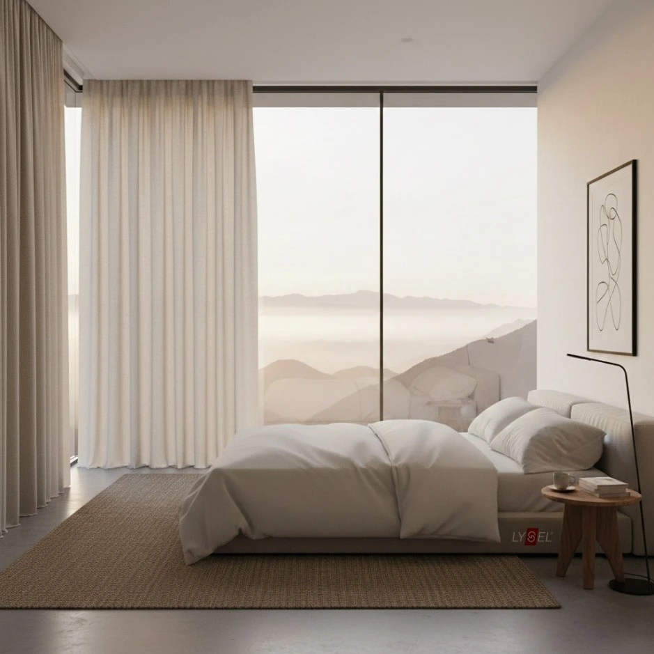 Schlafzimmer mit raumhohen Fenstern. Leicht verdunkelt durch transparente Gardinen.