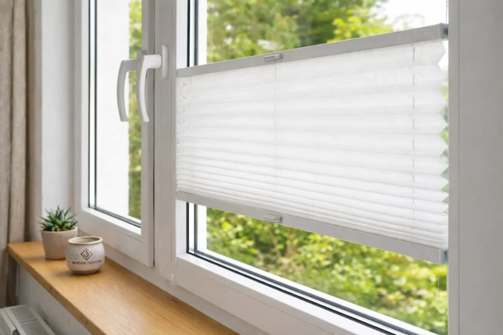 Ein Plisseerollo an einem Fenster.