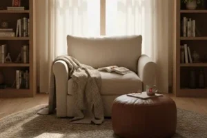 Ein Sessel in der Mitte eines Wohnzimmers, dahinter stehen Bücherregale. Das Zimmer wird leicht verdunkelt durch transparente Gardinen.