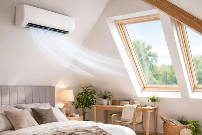 Helles modernes Schlafzimmer im Dachgeschoss mit einer Klimaanlage über dem Bett, die gerade in Betrieb ist.