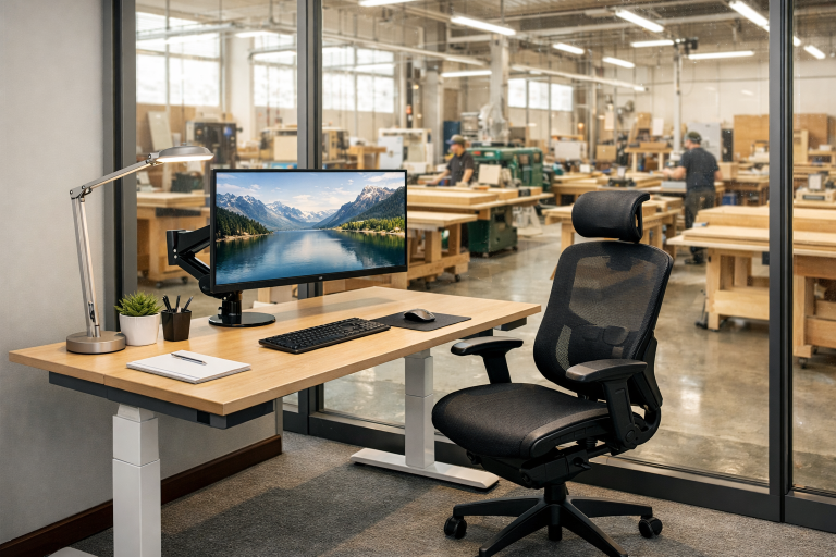 Ein ergonomisch gestalteter Arbeitsplatz eines Schreiners. Das Büro ist durch eine Glasscheibe von der Werkstatt getrennt.