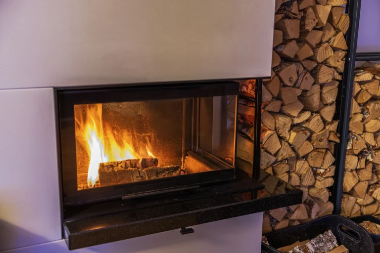 Ein moderner Kaminofen mit angrenzendem Holzstoß.