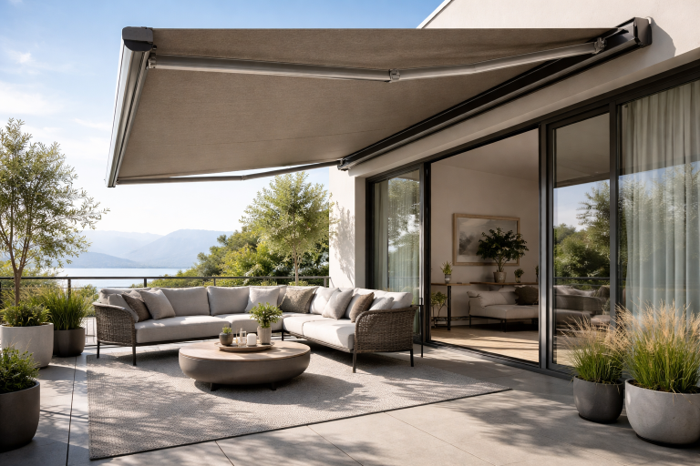 Eine ausgefahrene Vollkassettenmarkise, als Sonnenschutz über einer Sitzgruppe auf einem Balkon. Im Hintergrund sieht man ein Bergpanorama.