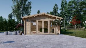 Ein Holzhaus in einem Garten