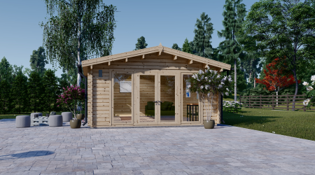 Ein Holzhaus in einem Garten