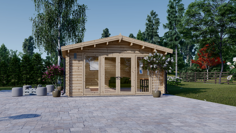 Ein Holzhaus in einem Garten