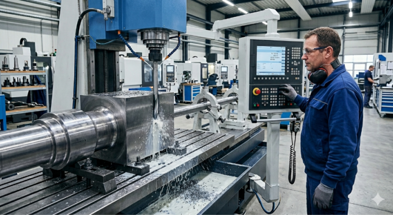 Eine Drehmaschine in einer Produktionshalle und einem Arbeiter