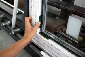 Ein Fensterbauer prüft ein Aluminiumfensterrahmen auf seine Funktionen.