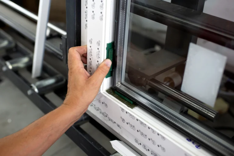 Ein Fensterbauer prüft ein Aluminiumfensterrahmen auf seine Funktionen.
