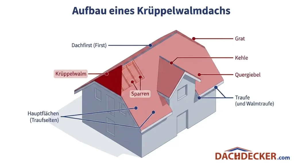 Infografik mit dem Titel „Aufbau eines Krüppelwalmdachs“. Die 3D-Schemazeichnung eines Hauses benennt die verschiedenen Dachbestandteile: Dachfirst (First), Grat, Kehle, Quergiebel, Traufe (und Walmtraufe) sowie die Hauptflächen (Traufseiten). Farblich hervorgehoben sind der Krüppelwalm am Giebel sowie die darunterliegenden Sparren der Dachkonstruktion.