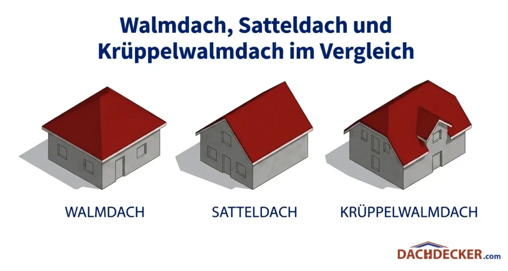 Infografik mit dem Titel „Walmdach, Satteldach und Krüppelwalmdach im Vergleich“. Drei nebeneinanderstehende 3D-Häusermodelle illustrieren die Unterschiede der Dachformen: Links ein Walmdach mit vier geneigten Dachflächen, in der Mitte ein klassisches Satteldach mit zwei Dachflächen und geraden Giebelwänden, und rechts ein Krüppelwalmdach mit teilweise abgewalmten Giebeln und einem zusätzlichen Quergiebel.