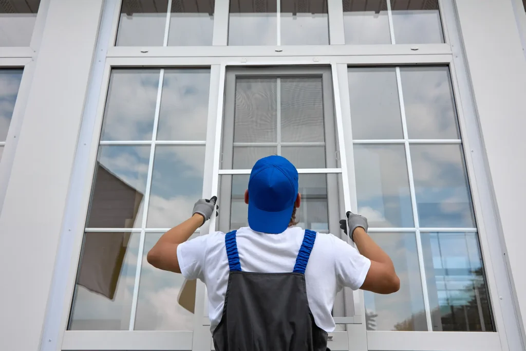 Ein Handwerker von hinten montiert einen maßgefertigten Insektenschutzrahmen mit Fliegengitter an einer großen, weißen Kunststofffenster-Front mit Sprossenfenstern.