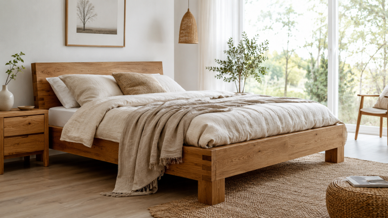Massivholzbett aus Eiche in einem modernen Schlafzimmer mit natürlicher Holzmaserung, hochwertiger Verarbeitung und zeitlosem Design für langlebigen Schlafkomfort.