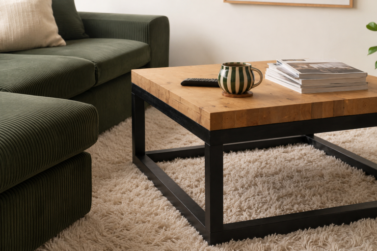 Massivholz-Couchtisch mit schwarzem Metallgestell in modernem Wohnzimmer mit dunkelgrüner Cord-Couch, hellem Langflorteppich, gestreifter Tasse und Magazinen.