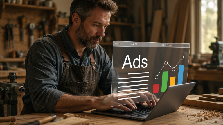 Tischler sitzt in Holzwerkstatt am Laptop und analysiert Online Ads mit digitalem Werbeanzeigen-Dashboard für Marketing.