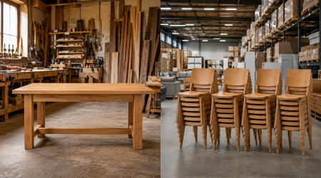 Vergleich zwischen handwerklicher Möbelherstellung und Möbelgroßhandel: Links steht ein Massivholztisch in einer traditionellen Schreinerei mit Werkzeugen und Holzmaterialien, rechts sind gestapelte Holzstühle in einem modernen Großhandelslager zu sehen.