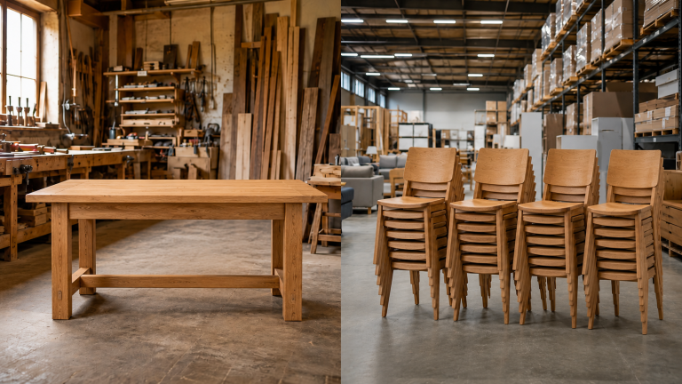 Vergleich zwischen handwerklicher Möbelherstellung und Möbelgroßhandel: Links steht ein Massivholztisch in einer traditionellen Schreinerei mit Werkzeugen und Holzmaterialien, rechts sind gestapelte Holzstühle in einem modernen Großhandelslager zu sehen.
