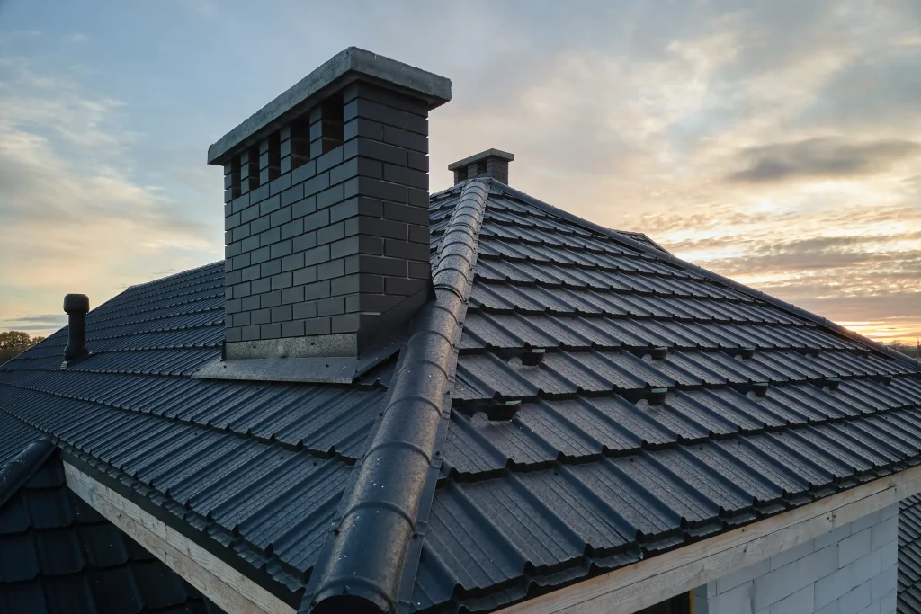 Nahaufnahme eines modernen, anthrazitfarbenen Zeltdachs, das mit dunklen Metalldachpfannen in Ziegeloptik eingedeckt ist.